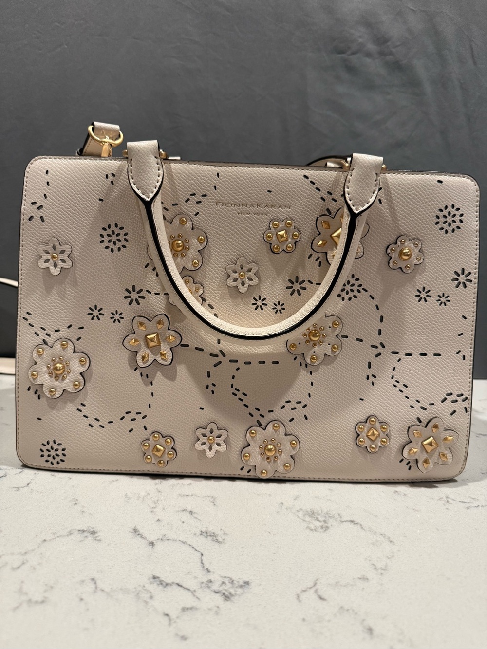Donna Karan Beige Floral Appliqué Satchel with Gold Accents